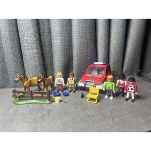 Playmobil Figures Fireman Soccer Ambulance Horses Chair Dishes Lot